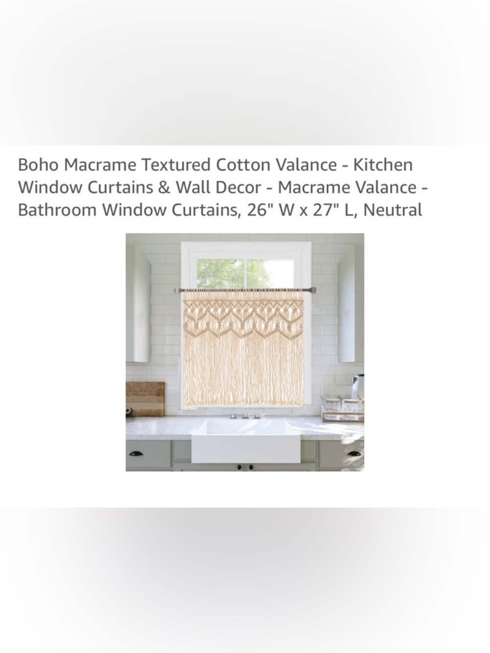 NEW - Boho Macrame Textured Cotton Valance, 26" W x 27" L Neutral window Doorway